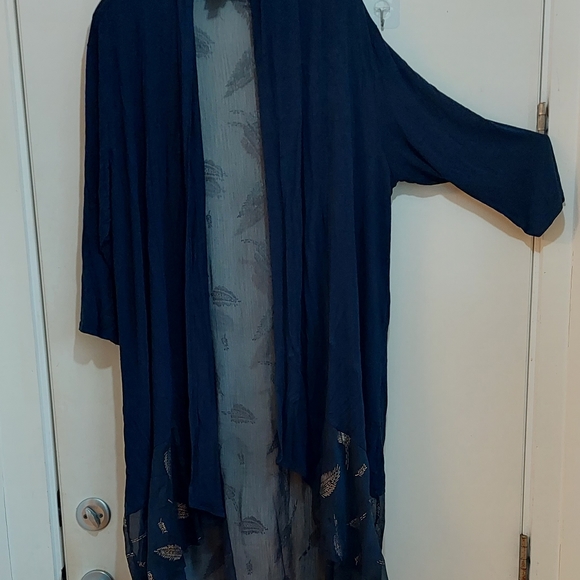 LAVANYA 3X Navy Rayon knit Hi-Lo Duster w/Luxurious embroidered chiffon panel - Picture 9 of 9